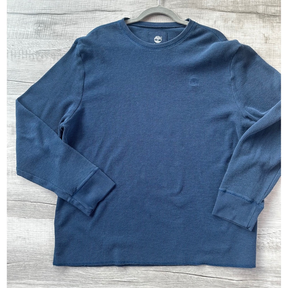 Timberland Mens XXL Blue Waffle Knit Thermal Long Sleeve Crewneck Shirt Logo